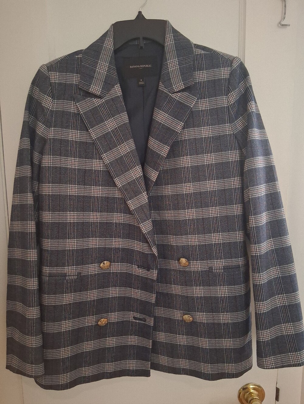 Banana Republic Navy and White Plaid Double-Breasted Blazer
